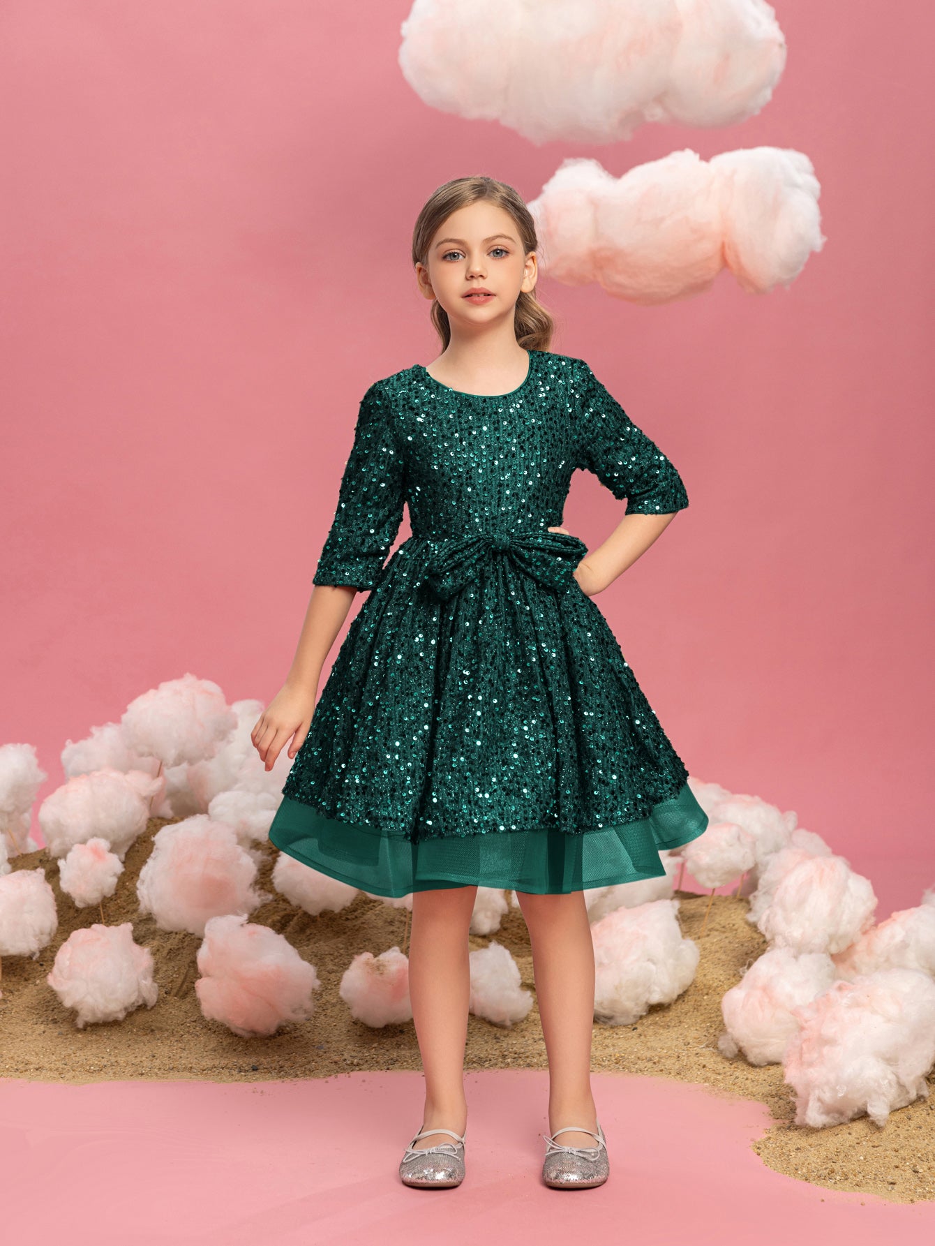 Tween Girls' Bow Detail 3/4 Sleeve Sequin Party Dress