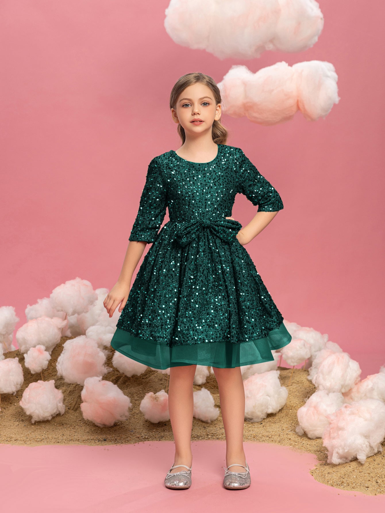 Tween Girls' Bow Detail 3/4 Sleeve Sequin Party Dress Dark Green / 9Y Tween Girls' Bow Detail 3/4 Sleeve Sequin Party Dress Dark Green / 9Y