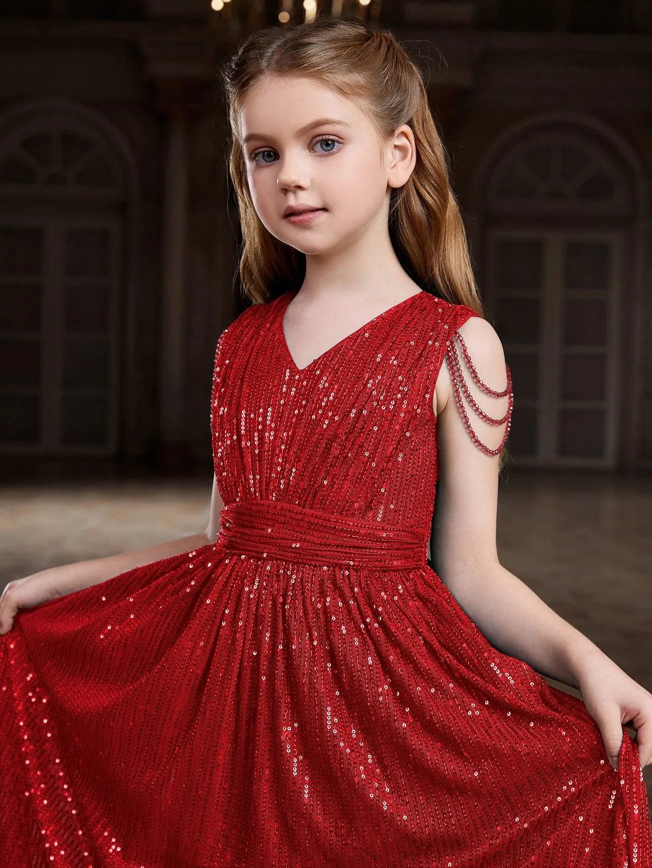 Tween Girls' V Neck Chain Detail Sequin Party Dress - Elonnashop