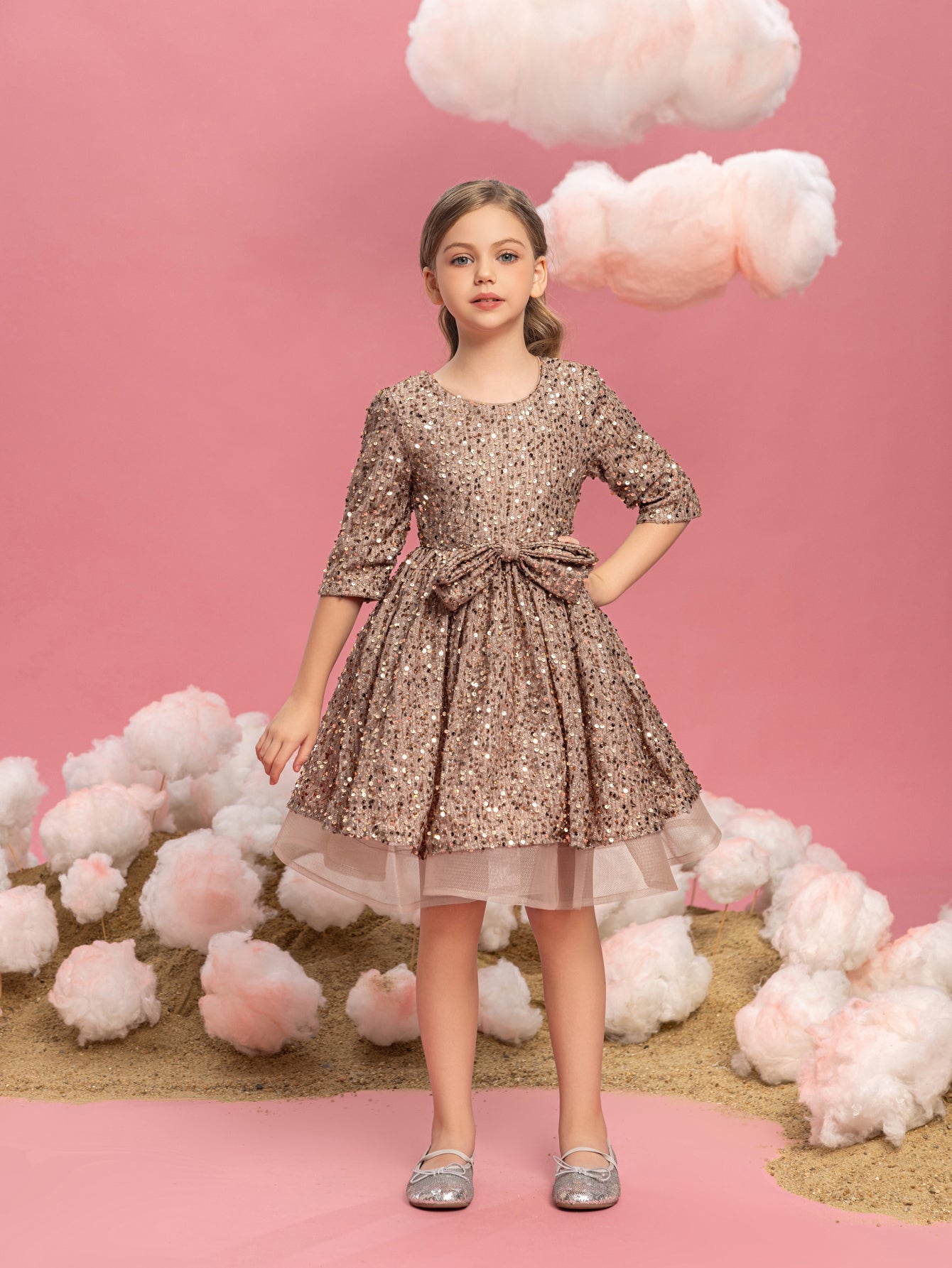 Tween Girls' Bow Detail 3/4 Sleeve Sequin Party Dress