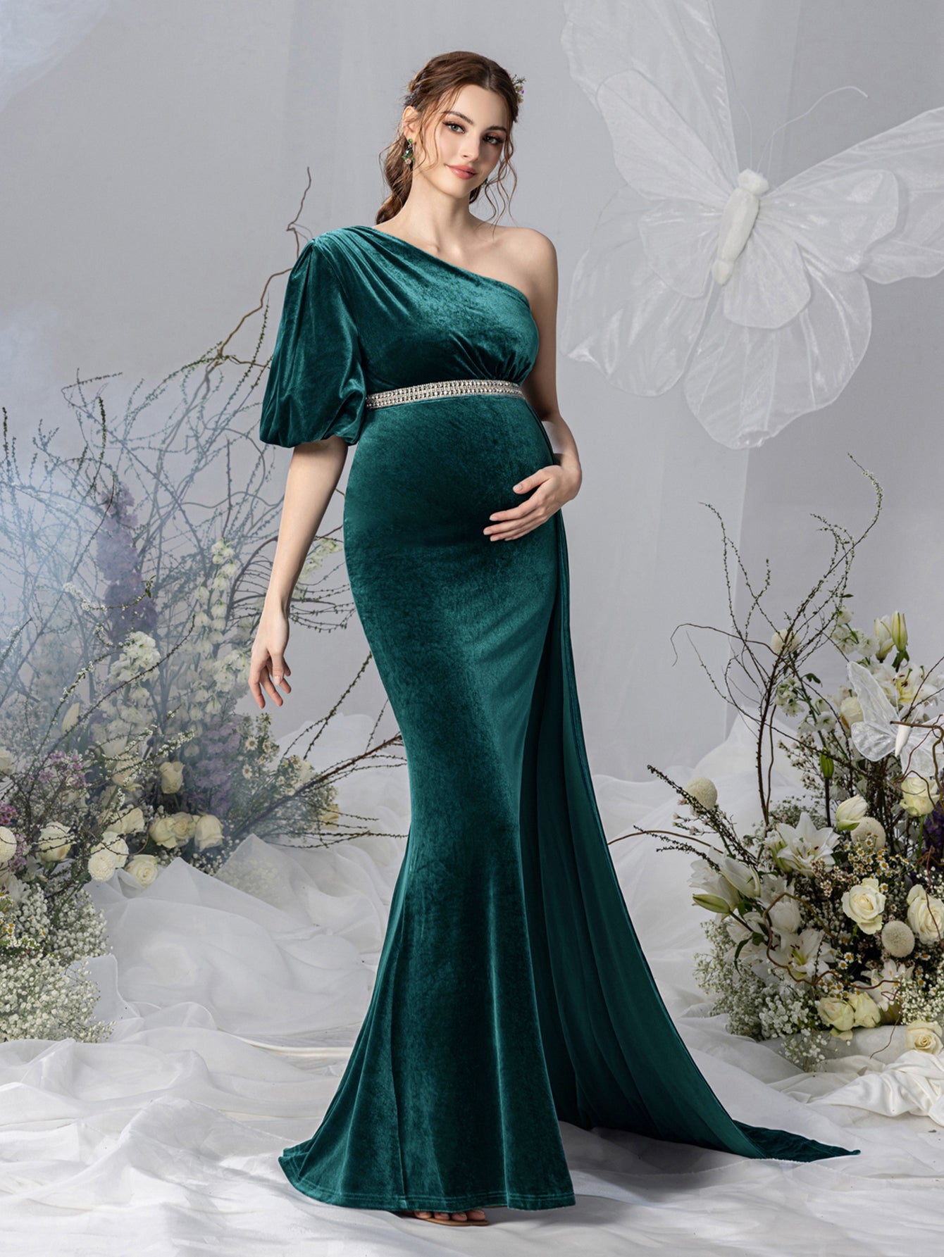 Maternity One Shoulder Split Mermaid Hem Velvet Evening Dress