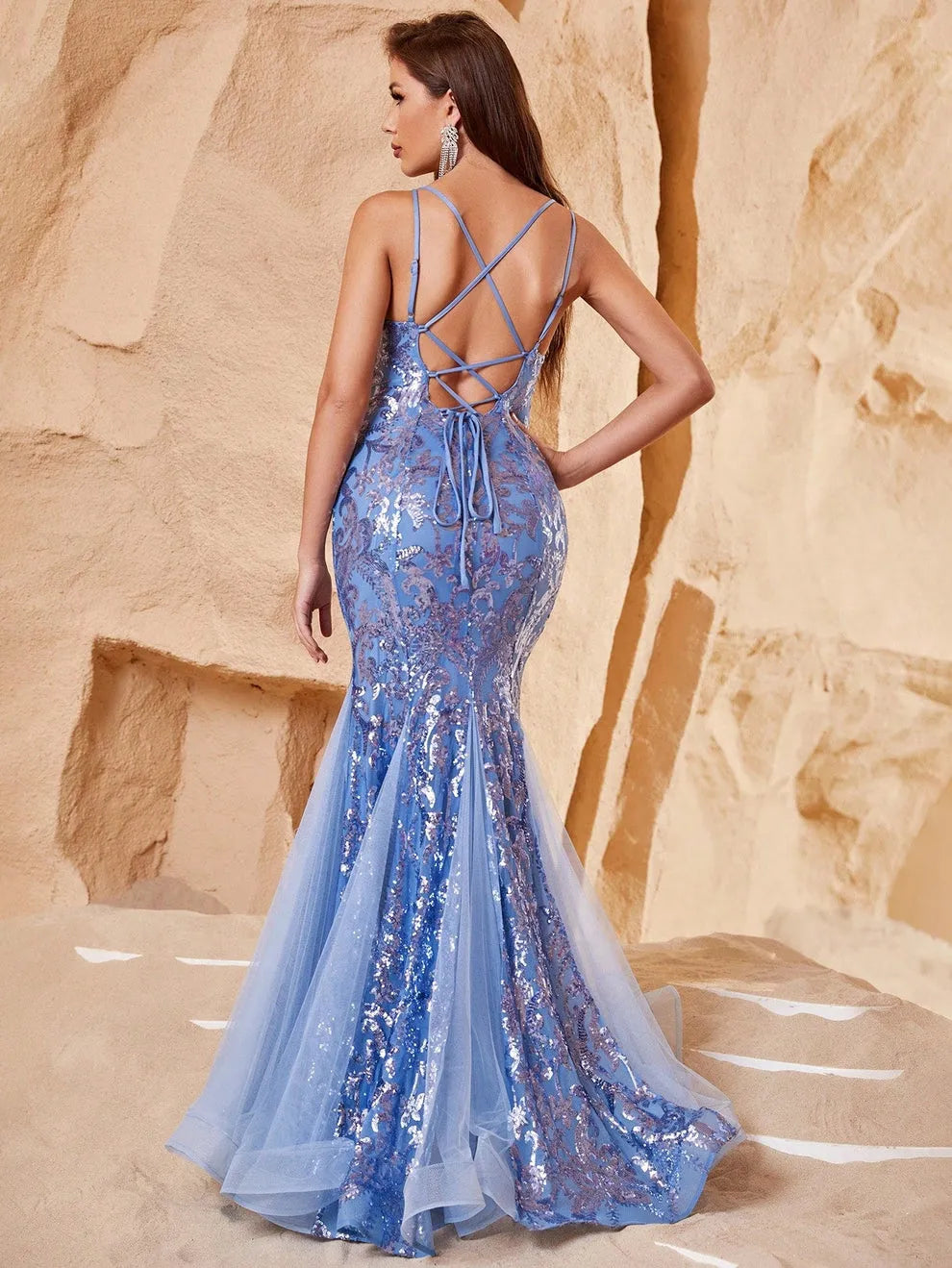 Stylish Lace-up Back Mermaid Hem Sequin Party Dress