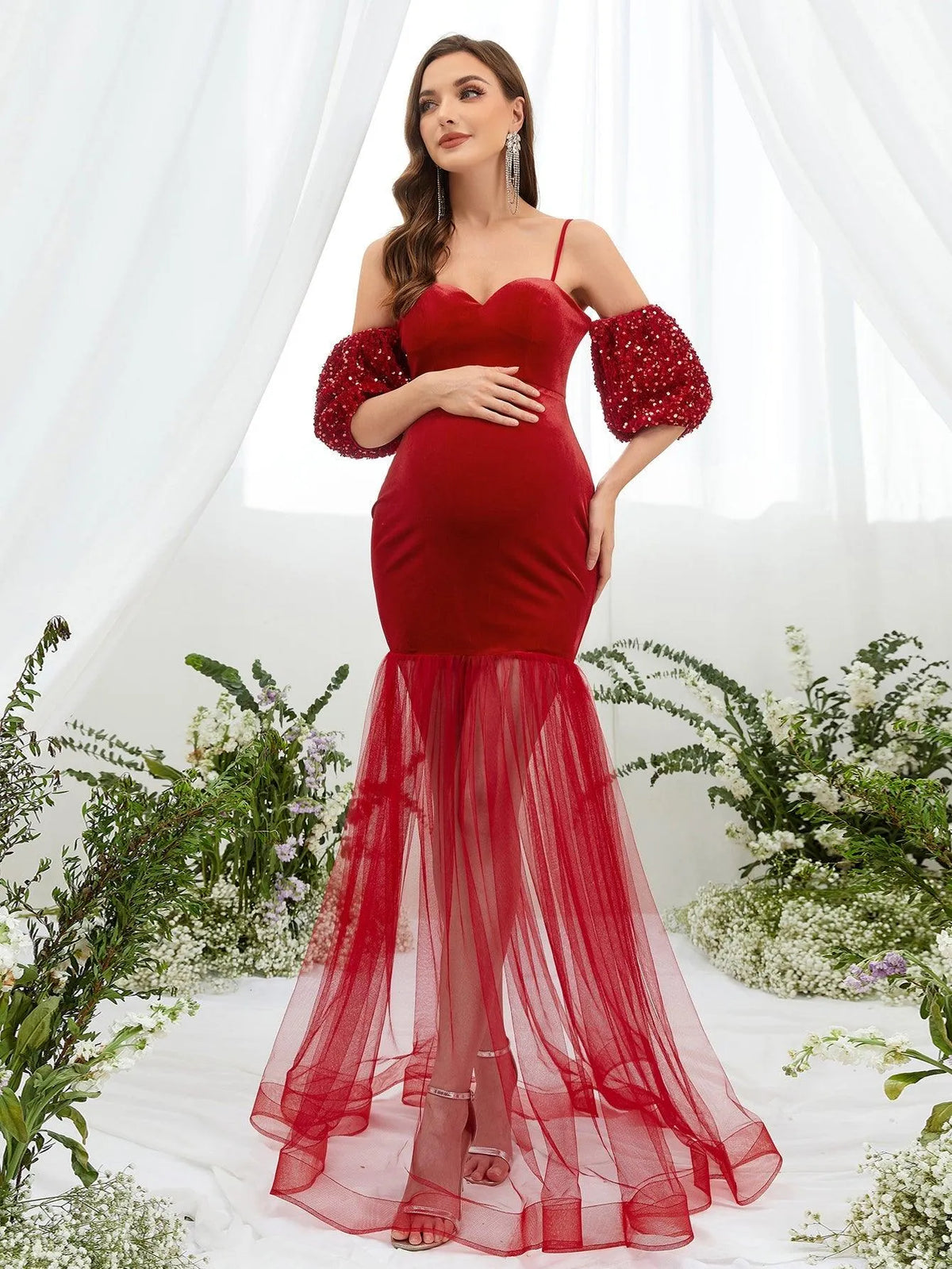 Maternity Puff Sleeve Mermaid Hem Velvet Cami Dress - Elonnashop