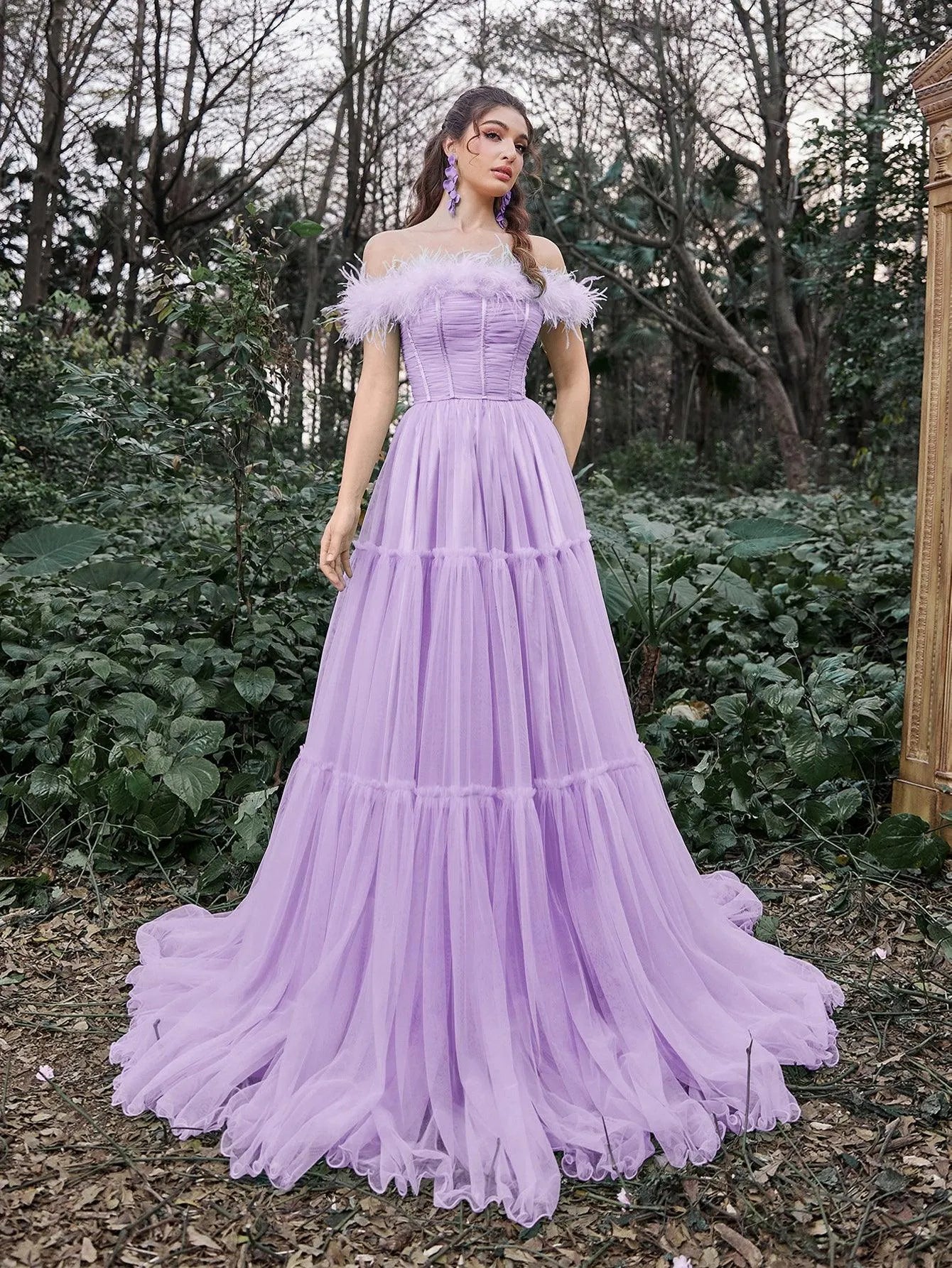 Elegant Feather Trim Off Shoulder Layered Tulle Prom Dress Elonnashop Elegant Feather Trim Off Shoulder Layered Tulle Prom Dress Elonnashop