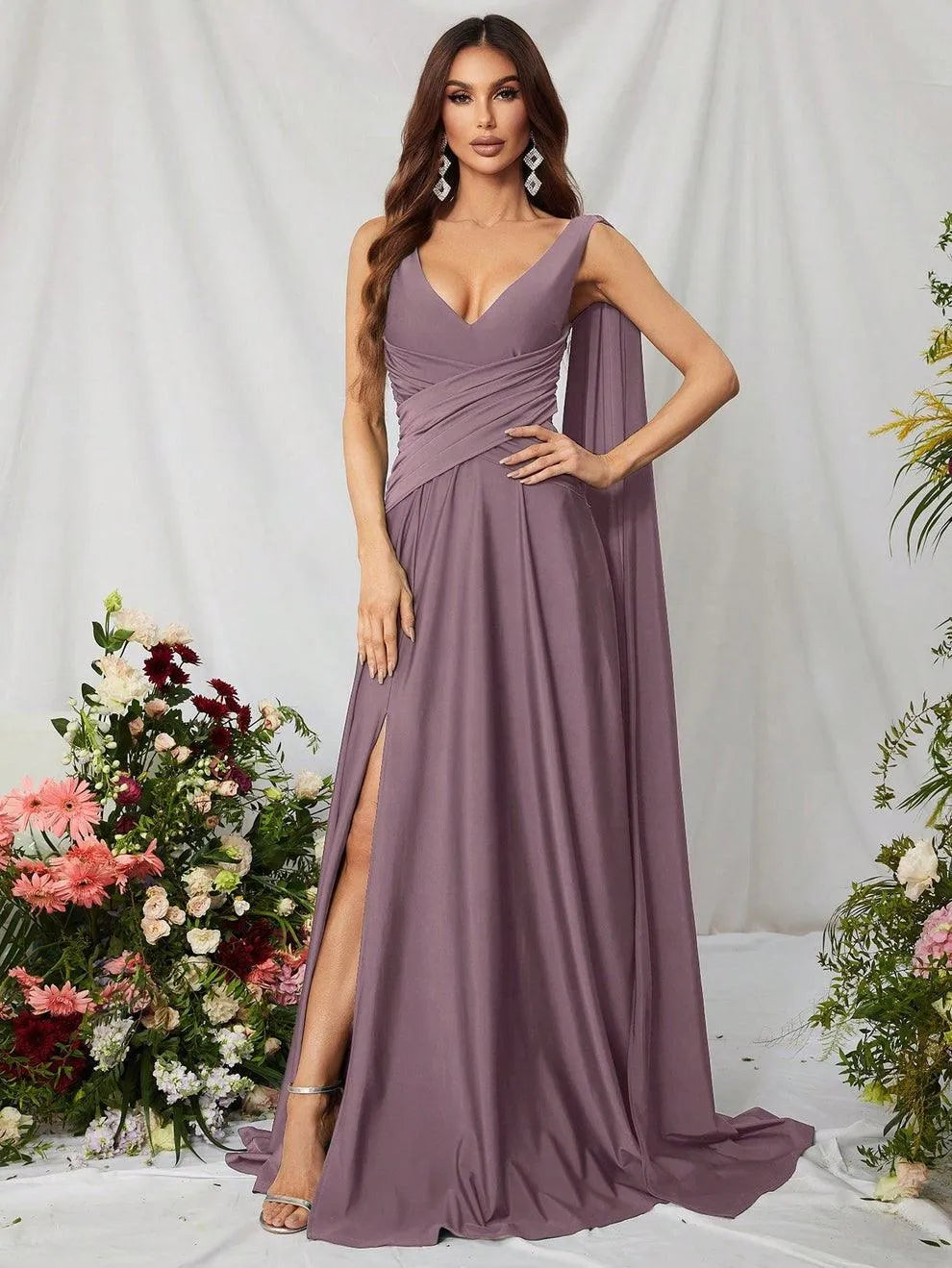 Elegant V Neck Sleeveless A Line Slit Dresses - Elonnashop