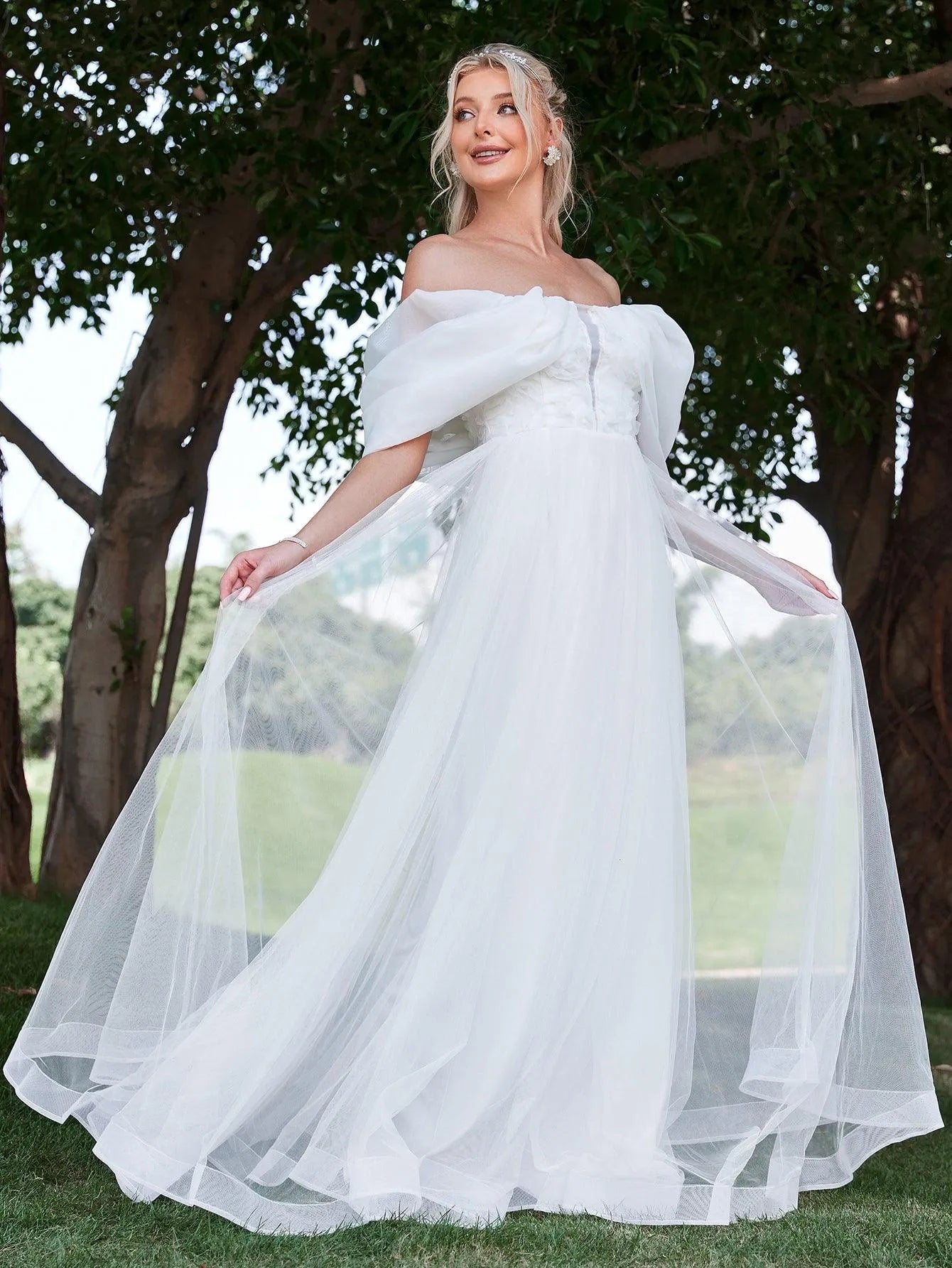 mesh wedding dress Floral Applique Off Shoulder Mesh Wedding Dress – Elonnashop