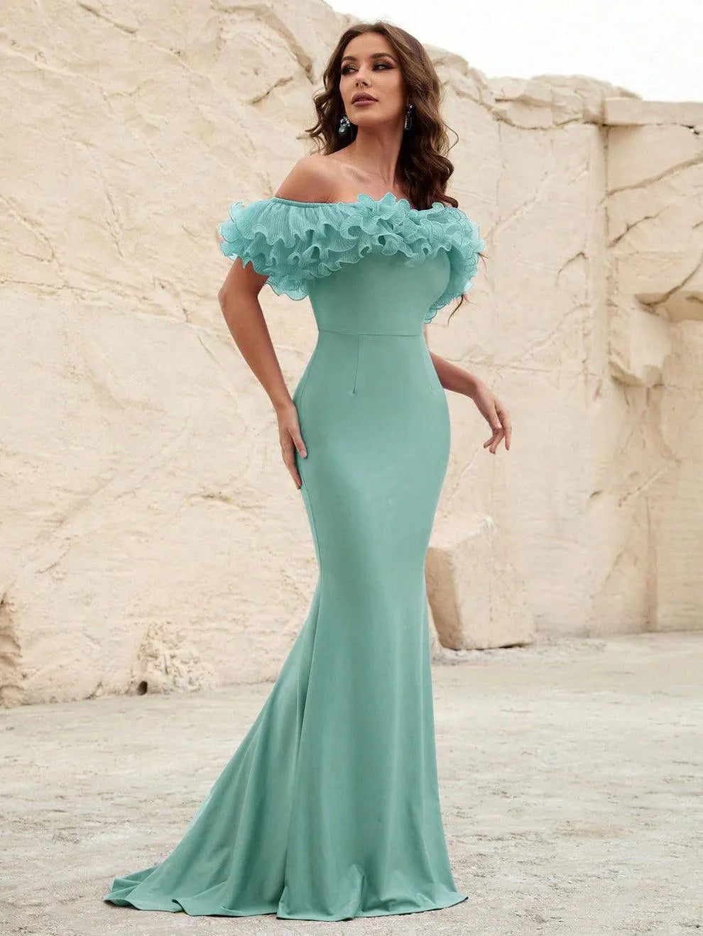 Off Shoulder Ruffle Trim Mermaid Dress