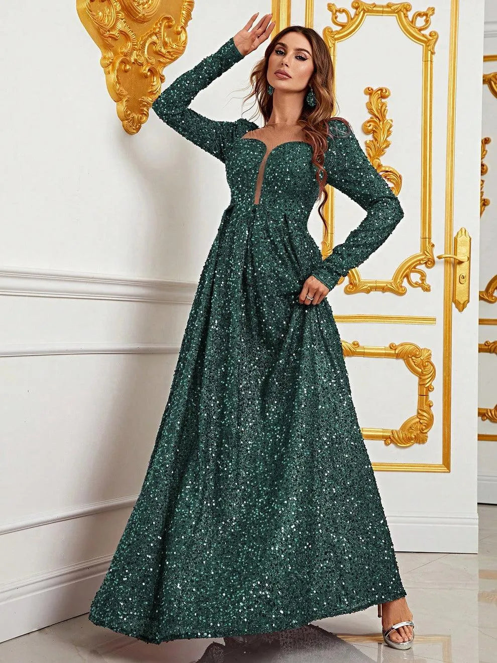 Sweetheart Neck Long Sleeves Sequin Formal Dress - Elonnashop