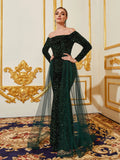 Elegant Off Shoulder Lone Sleeves Mesh Overlay Sequin Evening Dress