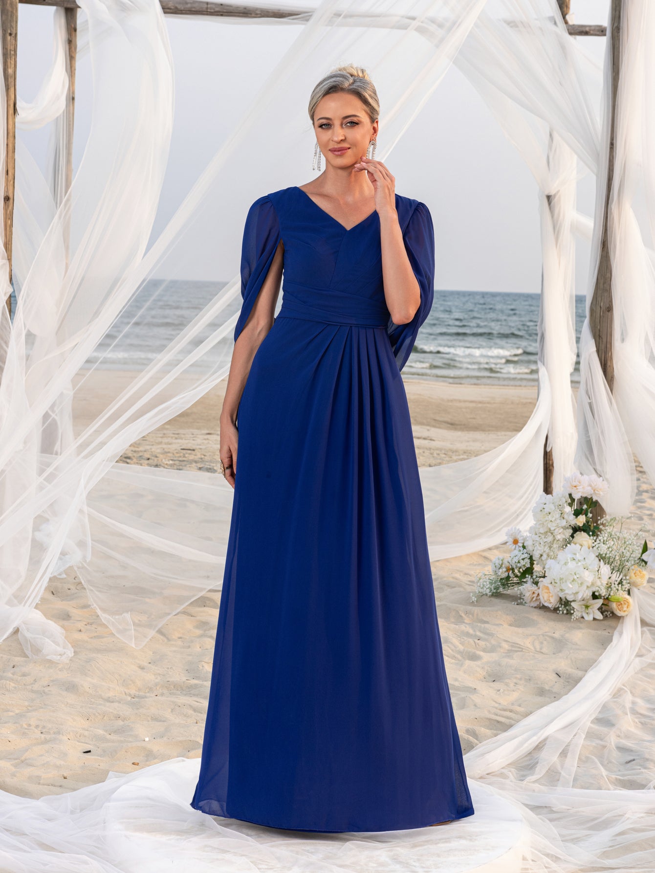 Womens' V-Neck Long-Sleeve Evening Gown with Short Flutter Sleeves – Flowing Tulle Shawl for Outdoor Ceremonies, Formal Garden Parties & Upscale Evening Events