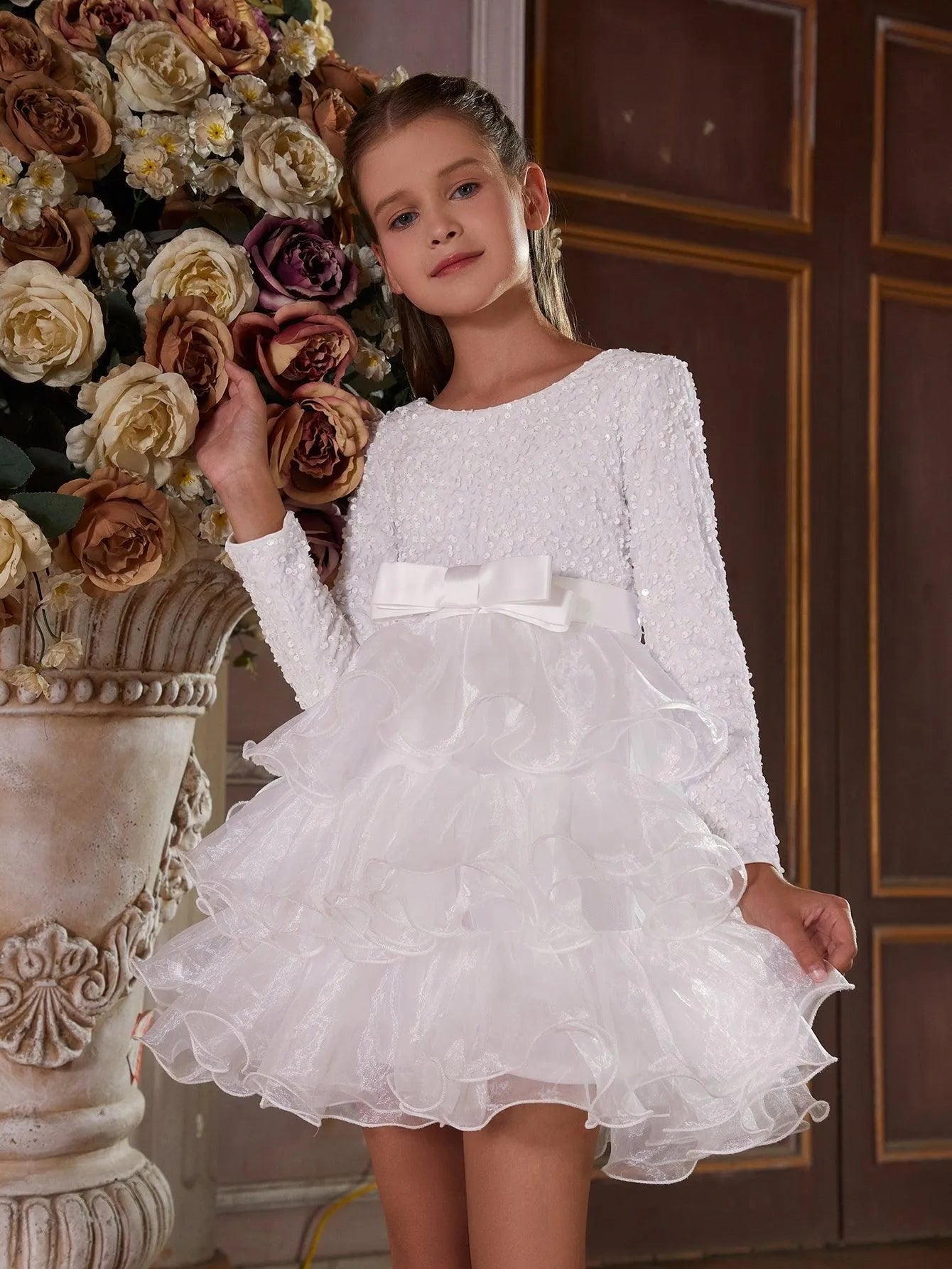 Tween Girls' Sequin Contrast Layered Organza Hem Dress - Elonnashop