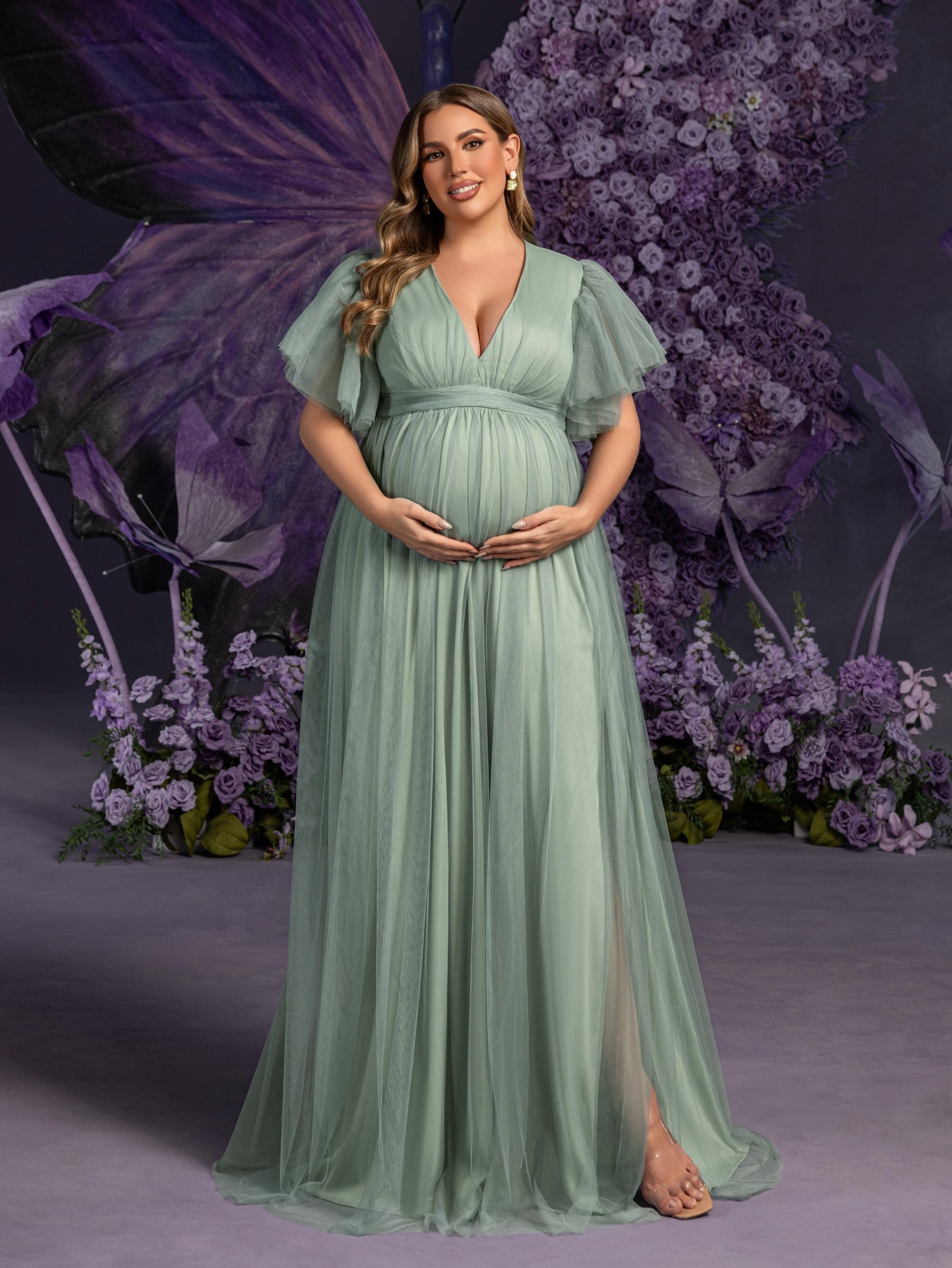 Plus Maternity V Neck Layered Ruffle Sleeves Split Prom Dress