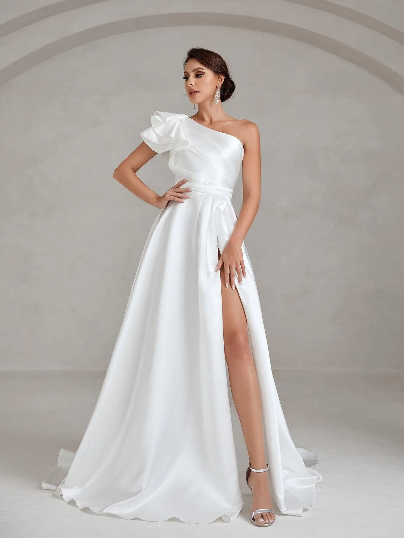 Ruffle Trim One Shoulder Split Thigh Satin Wedding Dress - Elonnashop