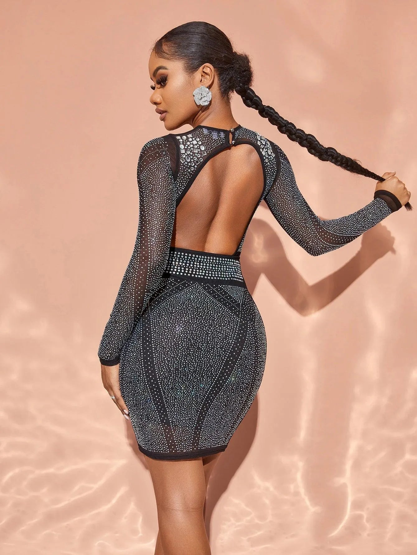 Chic Rhinestone Detail Backless Sheer Mesh Mini Dress - Elonnashop