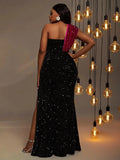 Plus One Shoulder Split Thigh Sequin Mermaid Dress