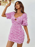 Cut Out Front Puff Sleeve 3D Flower Party Dress - Elonnashop