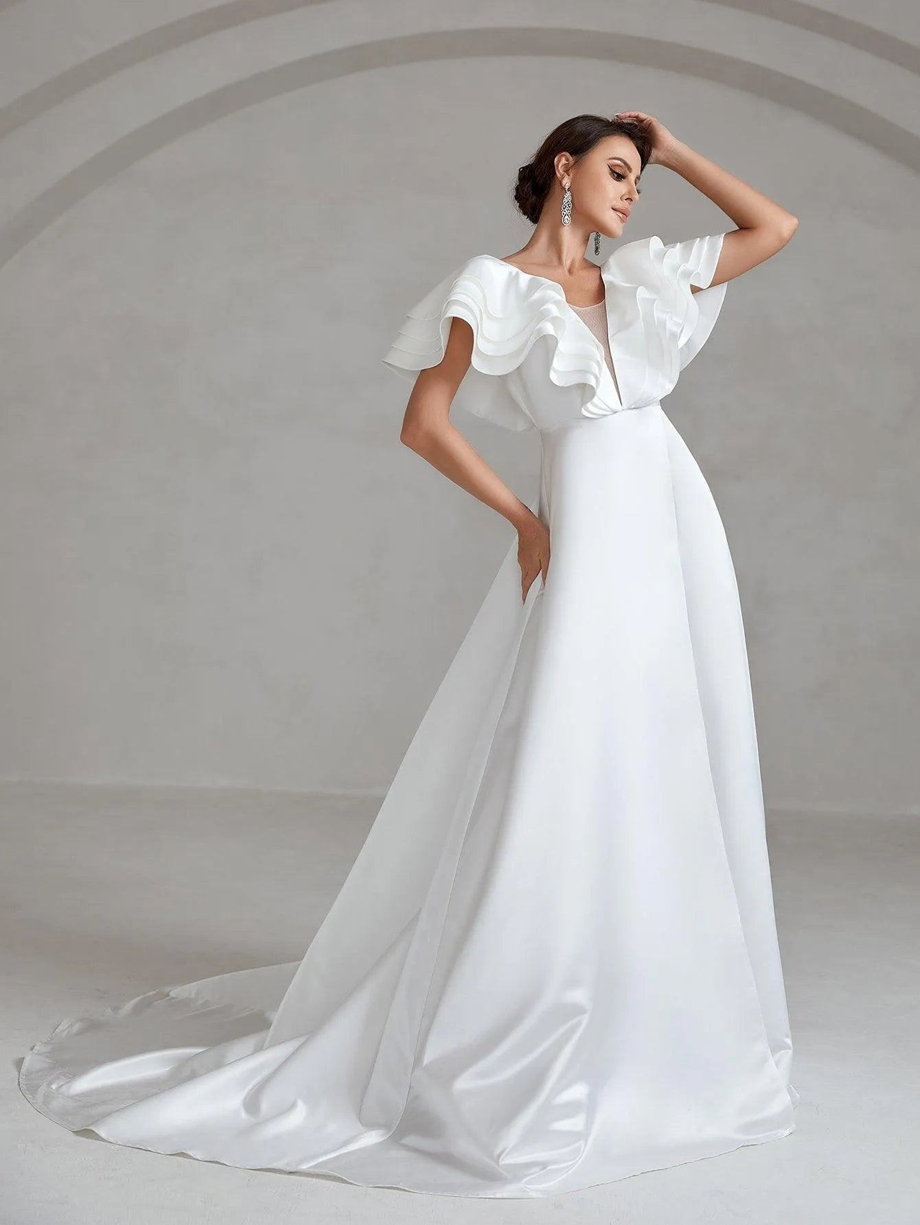 Backless Ruffle Layered Sleeve Satin Wedding Dress - Elonnashop