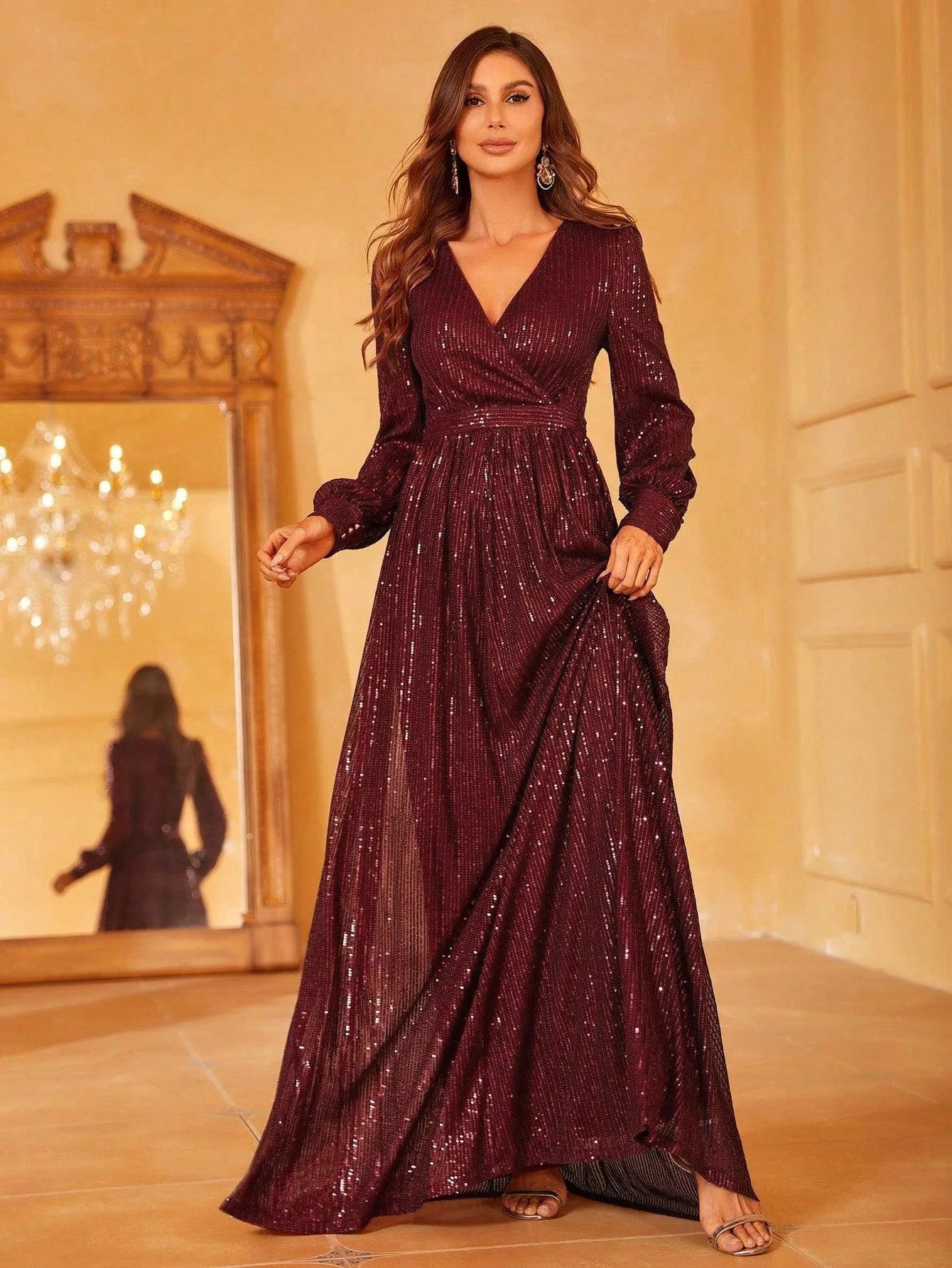 Elegant V Neck Long Sleeves Sequin A Line Dresses - Elonnashop