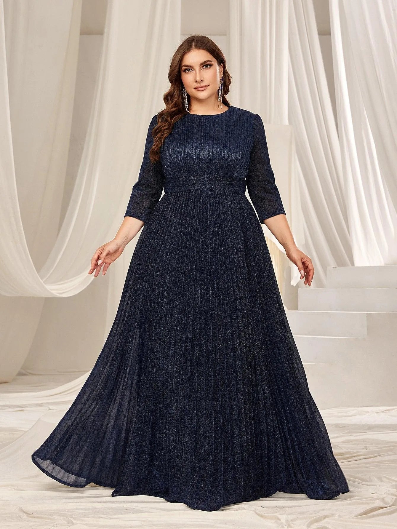 Plus Glitter 3/4 Sleeves Pleated A Line Evening Dress - Elonnashop