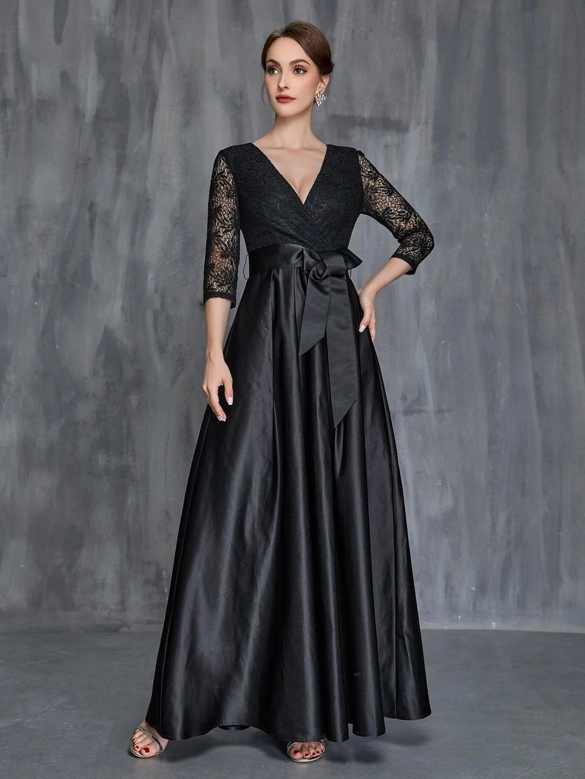 Womens' Surplice Neck Lace Contrast Satin Belted Dress Black / L Womens' Surplice Neck Lace Contrast Satin Belted Dress Black / L