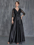 Womens' Surplice Neck Lace Contrast Satin Belted Dress - Elonnashop