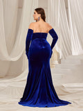 Plus Ruched Wrap Hem Velvet Tube Prom Dress（Gloves Included） - Elonnashop