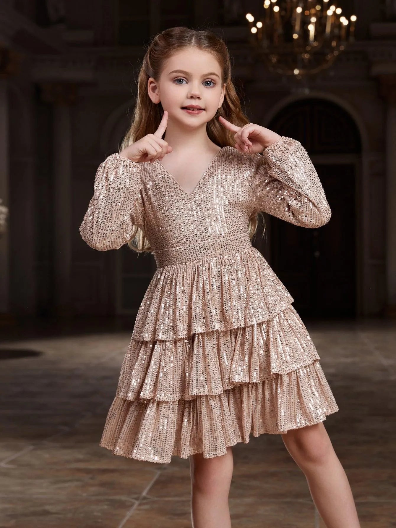 Tween Girls' Backless V Neck Layered Hem Sequin Party Dress - Elonnashop