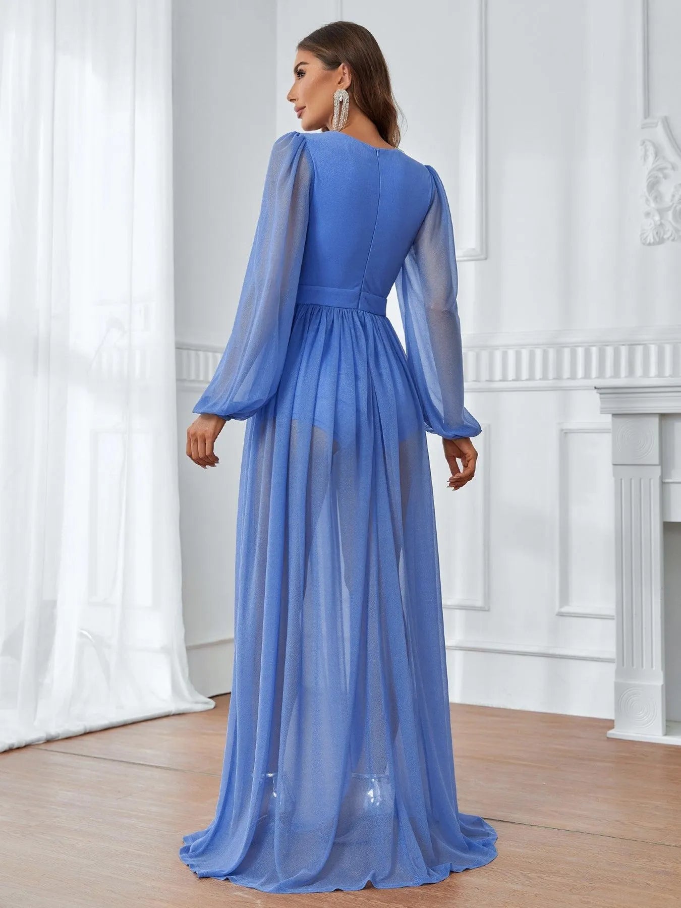 Plunging Neck Lantern Sleeve Floor Length A Line Dress - Elonnashop