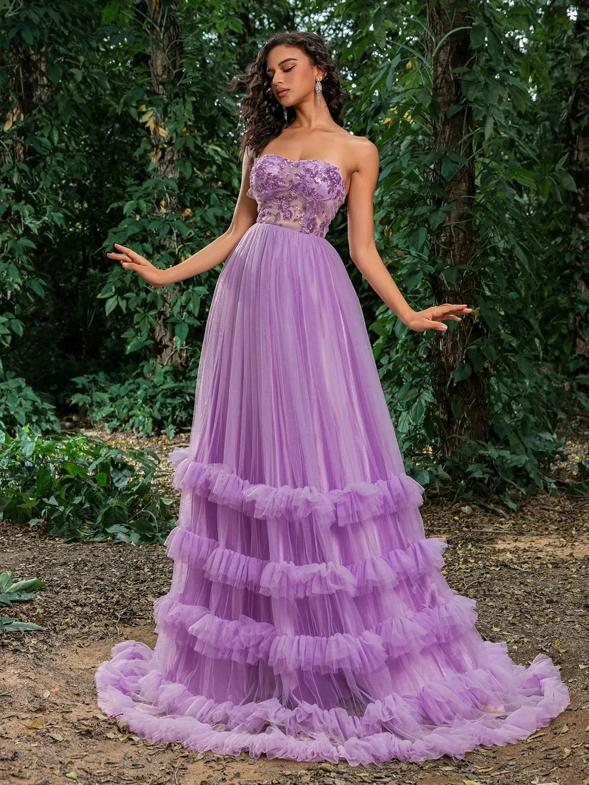 Gorgeous Floral Sequin Bodice Cascading Ruffle Hem Tulle Prom Dress