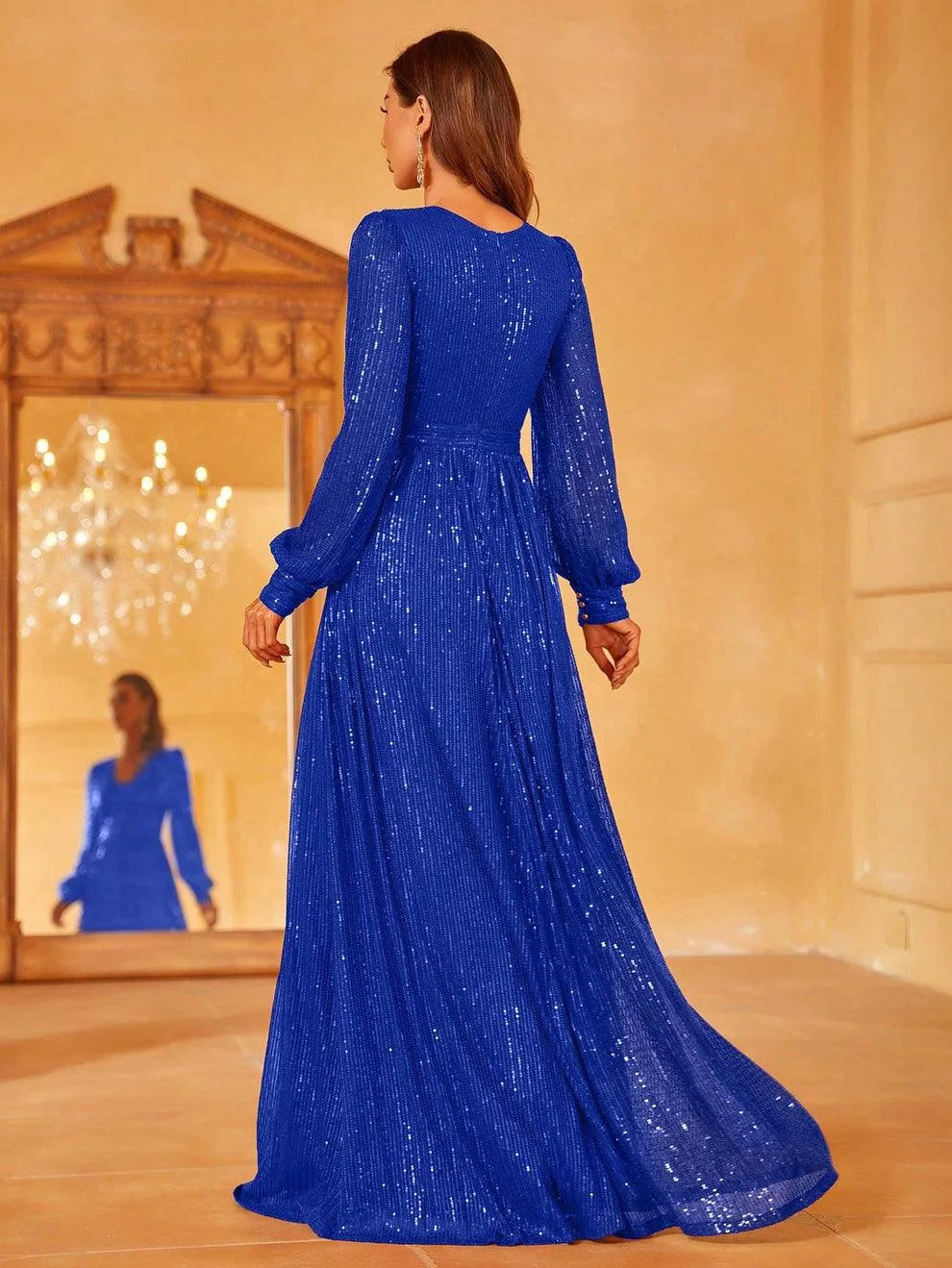 Elegant V Neck Long Sleeves Sequin A Line Dresses - Elonnashop