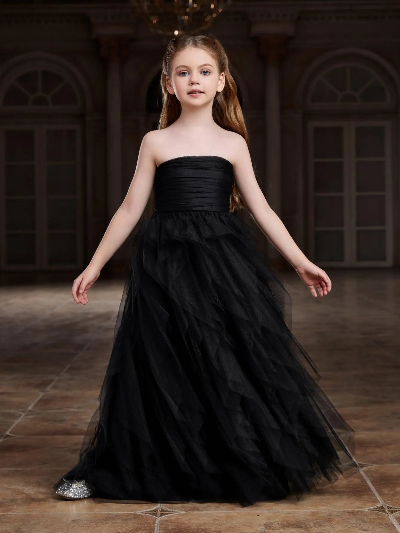 girls mesh dress Girls Ruffled Mesh Square Neck Dress