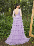 Gorgeous Plunging Neck Backless Cascading Ruffle Tulle Prom Dress - Elonnashop