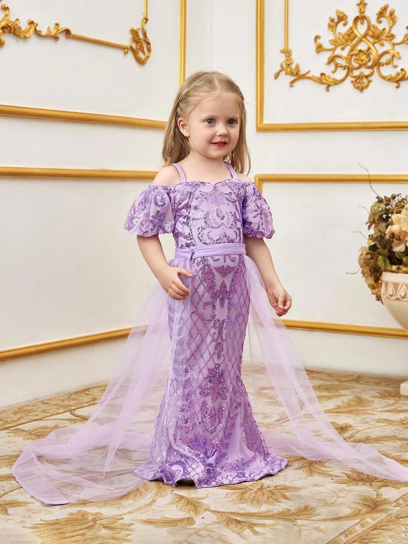 Young Girls' Sweetheart Collar Puff Sleeves Mesh Overlay Sequin Dress - Elonnashop