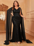 Plus Chiffon Cloak Sleeves Sequin Mermaid Dresses - Elonnashop