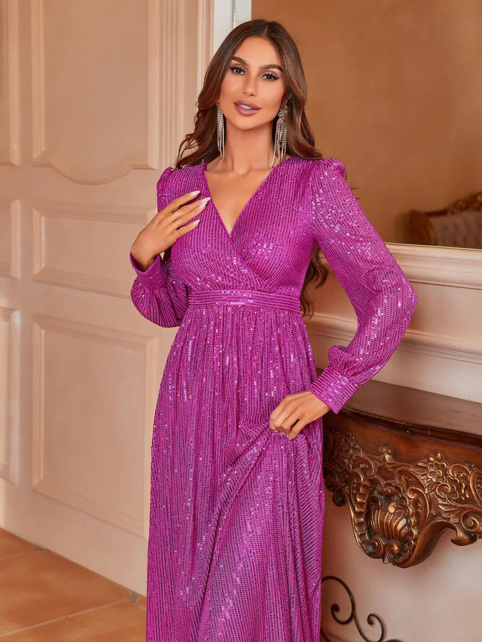 Elegant V Neck Long Sleeves Sequin A Line Dresses - Elonnashop