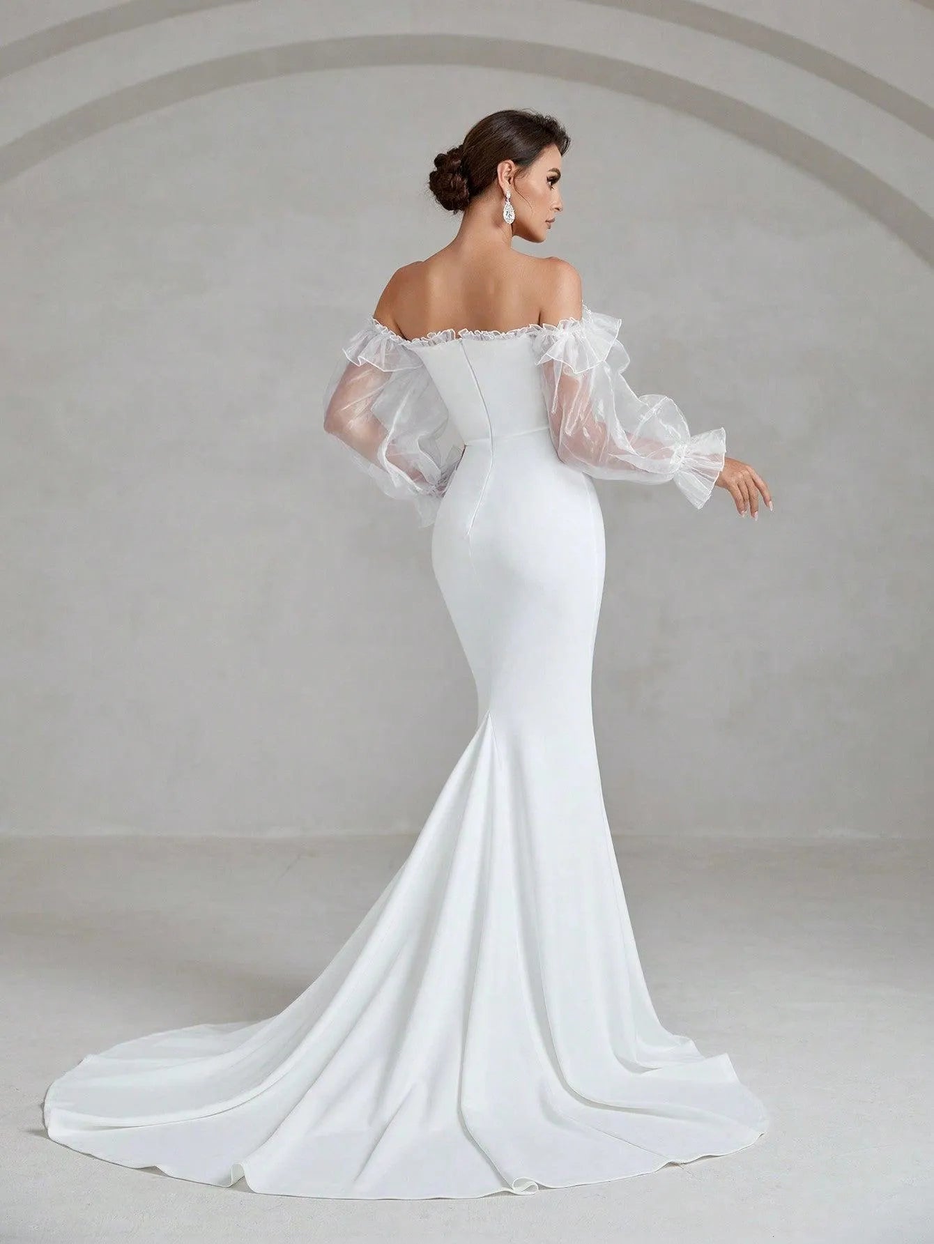 Off Shoulder Flounce Sleeve Maxi Mermaid Hem Wedding Dress - Elonnashop