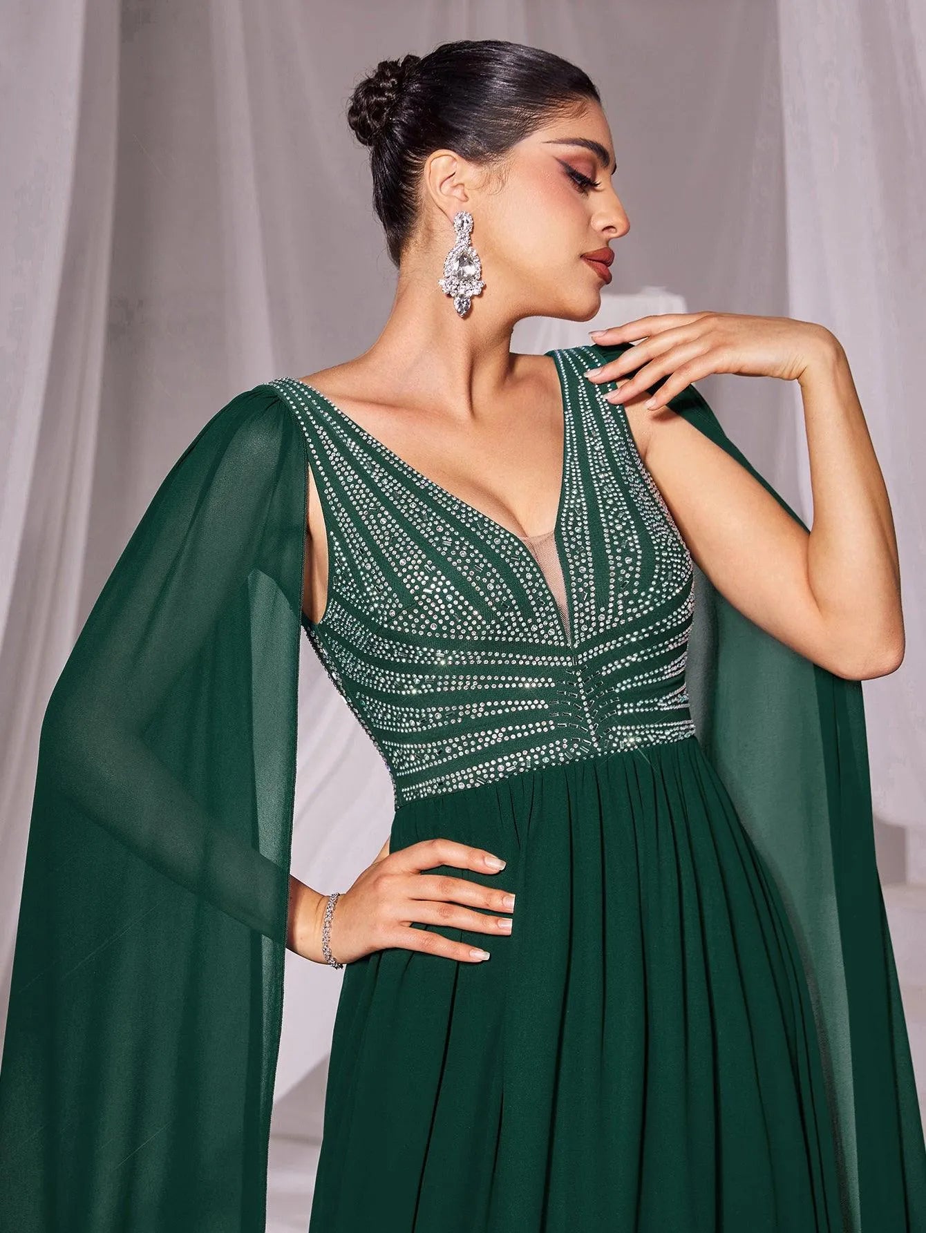 Rhinestone Detail Cape Sleeves Chiffon Evening Dress - Elonnashop