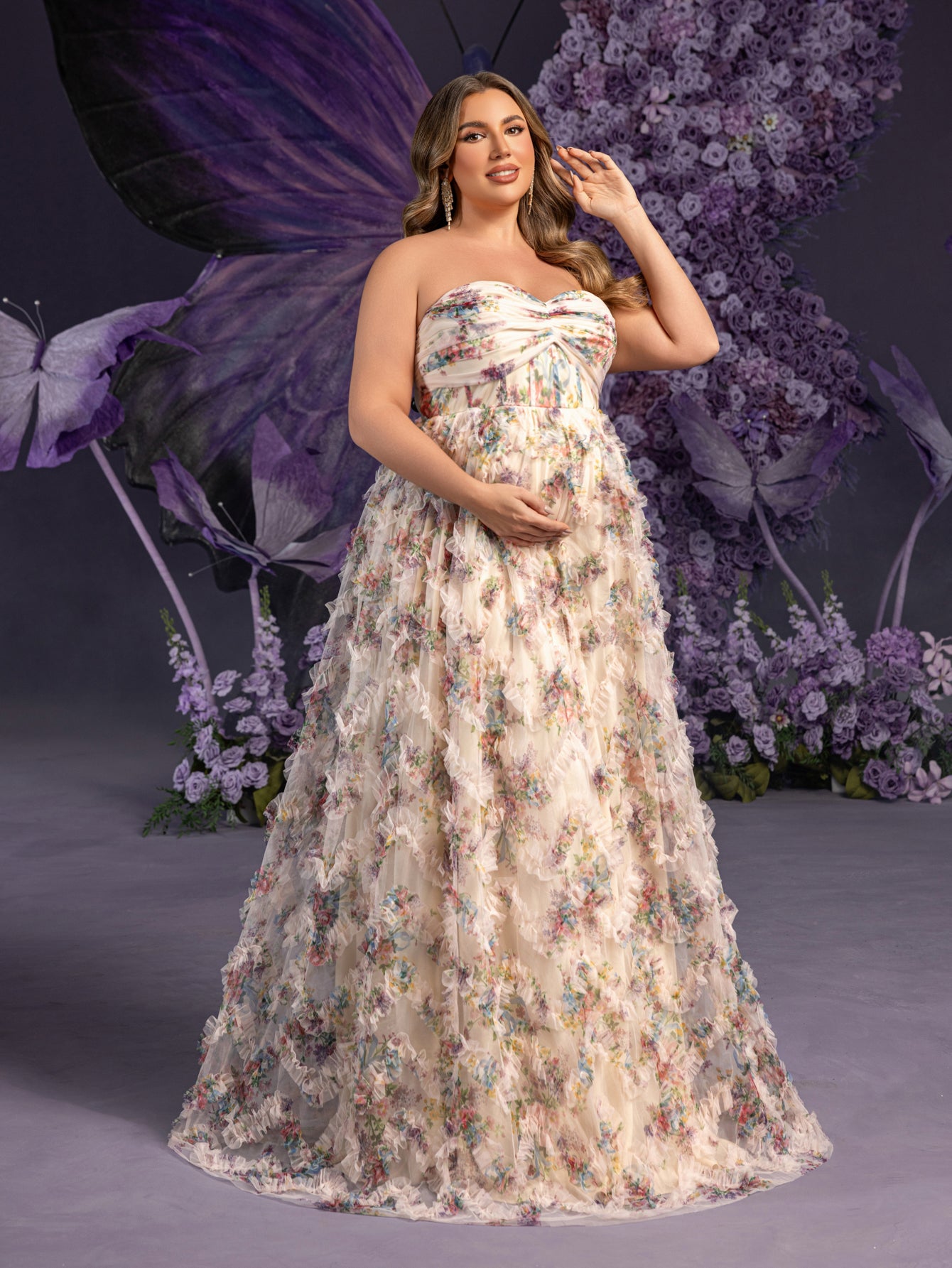 Plus Maternity Strapless Ruffle Trim Floral Mesh Party Dress