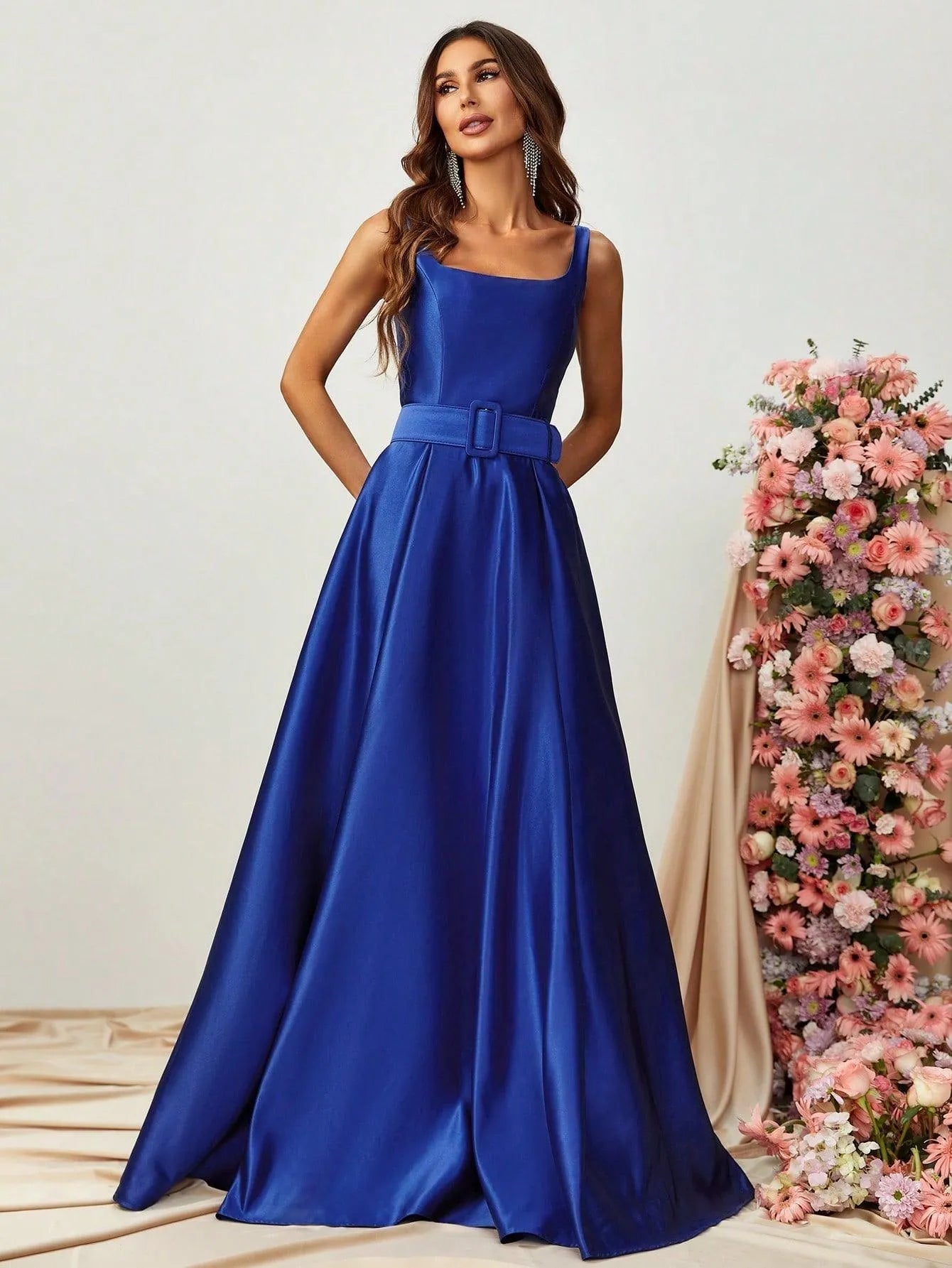 Square Collar Sleeveless Belt Satin Prom Dress - Elonnashop