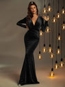 Elegant V Neck Long Sleeve Velvet Mermaid Dress - Elonnashop