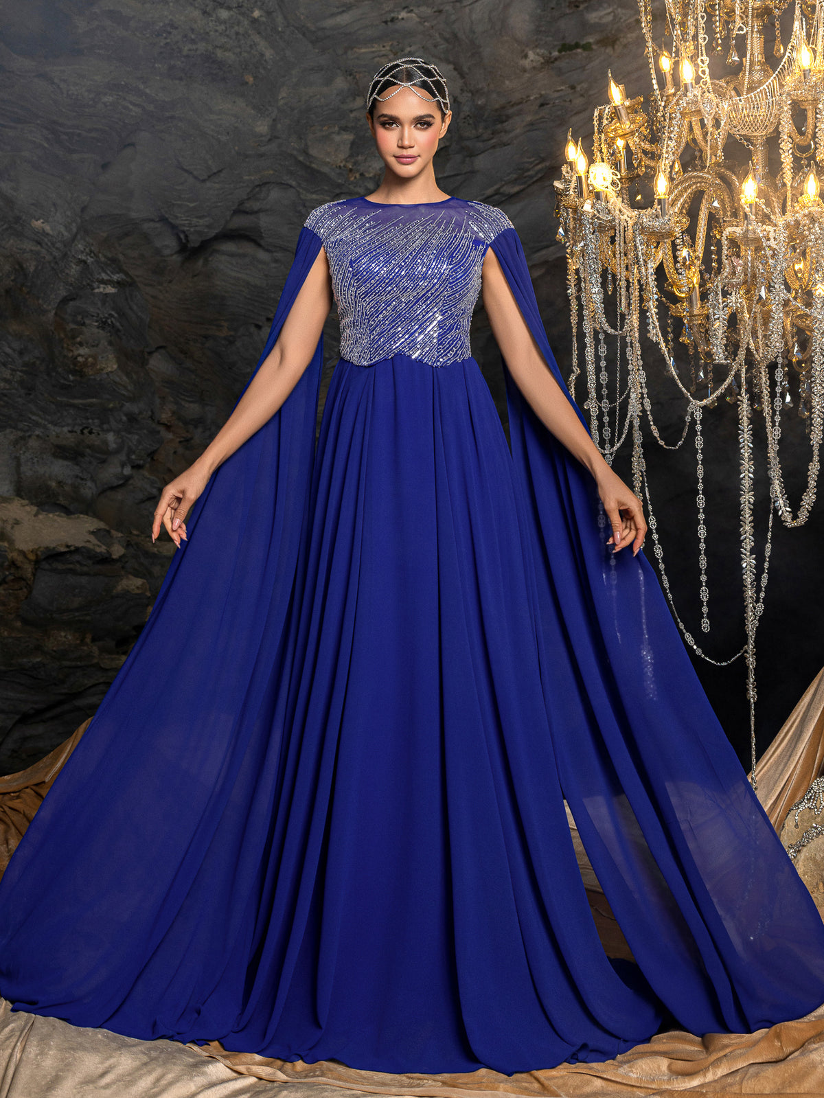 Elegant Chiffon Evening Gown with Beaded Sequin Embellished Bodice, Cape-Style Sleeves & Flowy Floor-Length Skirt, Back Beaded Detail