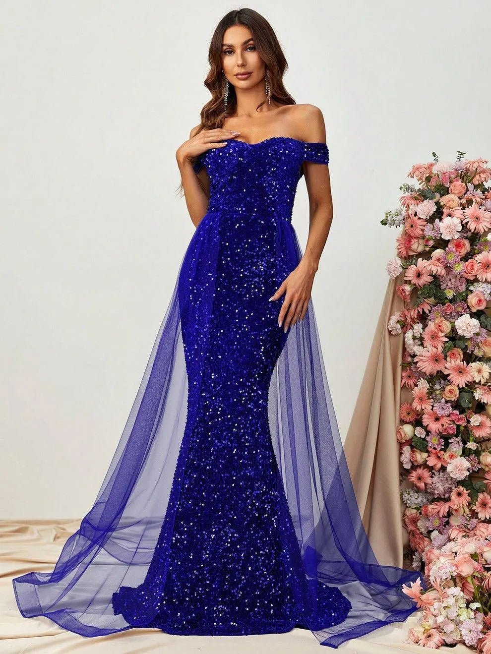 Off Shoulder Sequin Mermaid Dresses Mesh Layer On Waist - Elonnashop