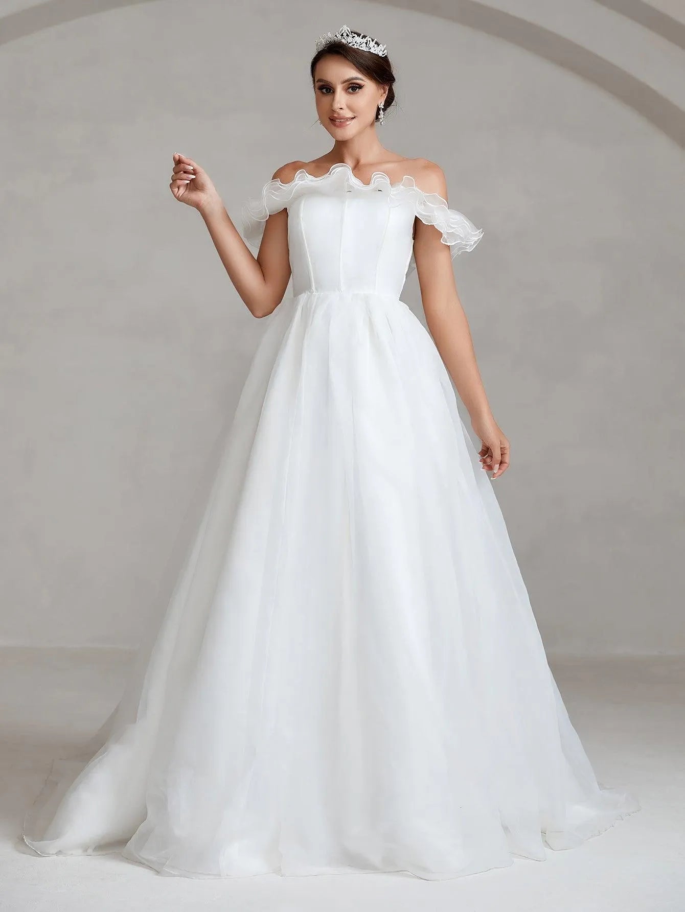 Off Shoulder Satin Bodice Contrast Organza Wedding Dress - Elonnashop