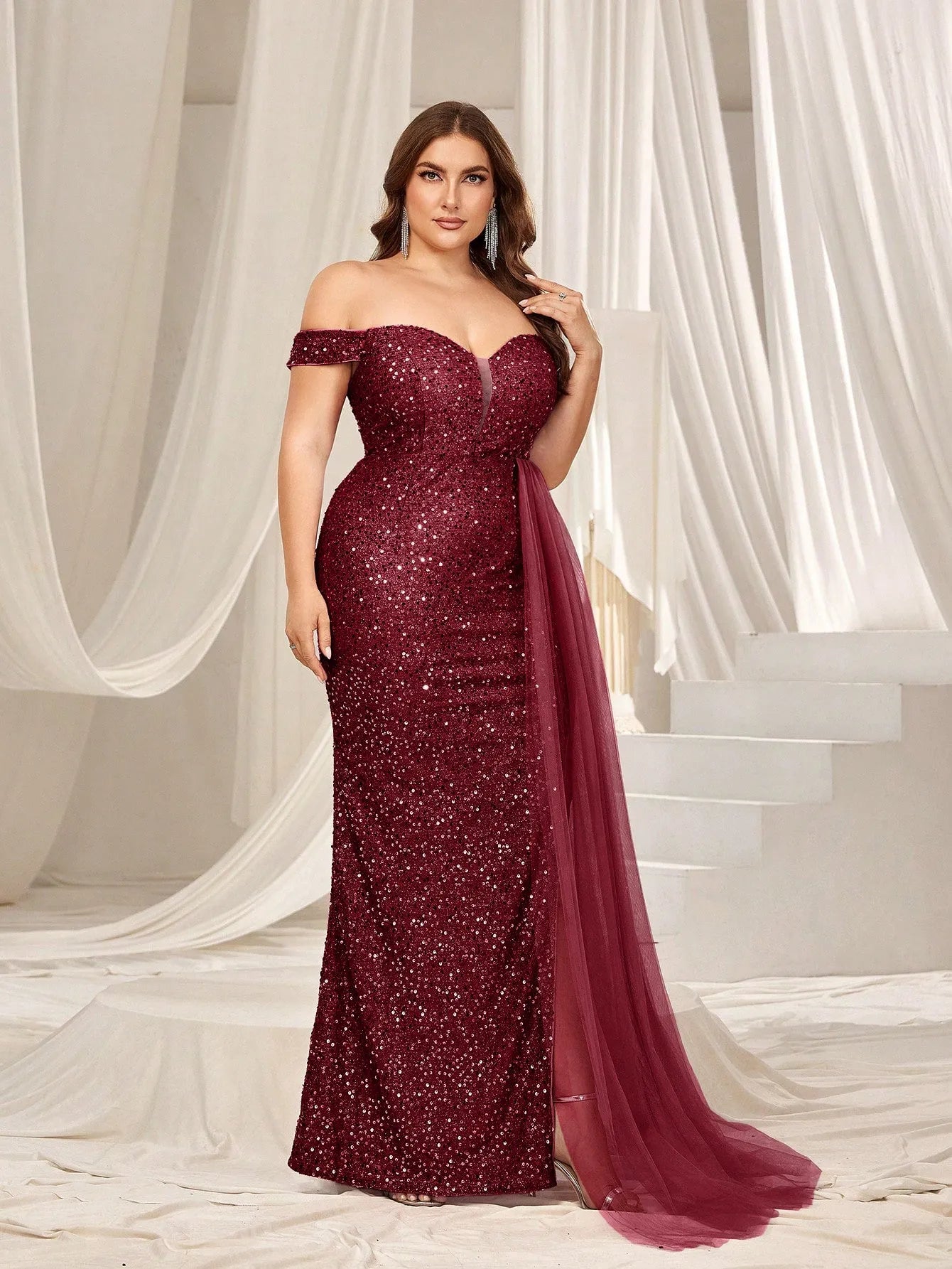 Plus Elegant Off Shoulder Split Thigh Sequin Formal Dress