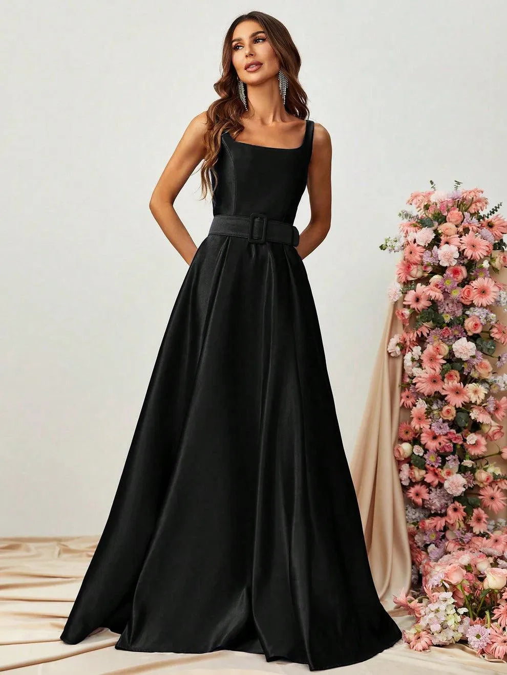 Square Collar Sleeveless Belt Satin Prom Dress - Elonnashop