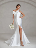 Bow Decor Slit Mermaid Hem Satin Tube Wedding Dress - Elonnashop