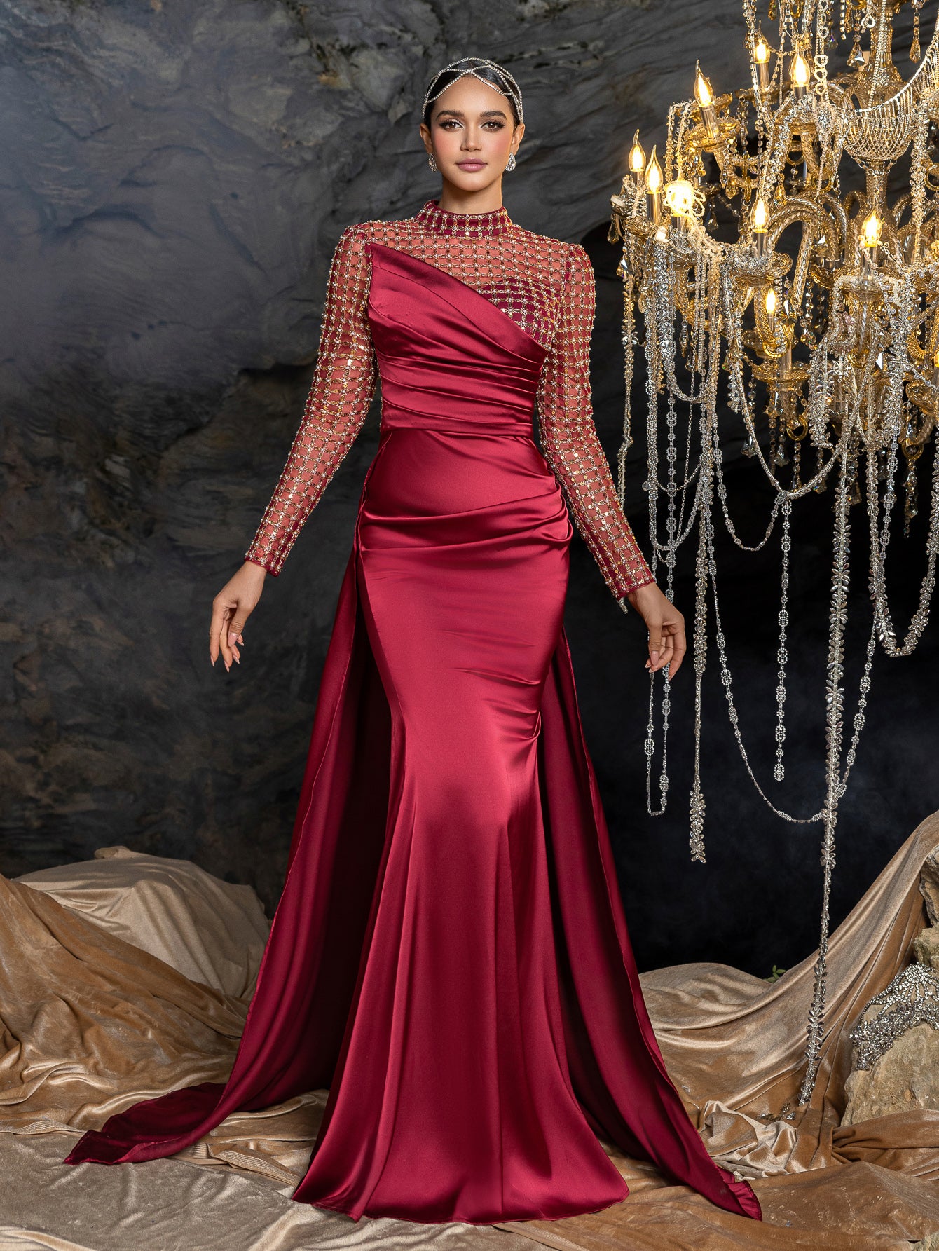 Elegant Beaded Sheer Long Sleeve Gown | High Neck & Satin Mermaid Skirt