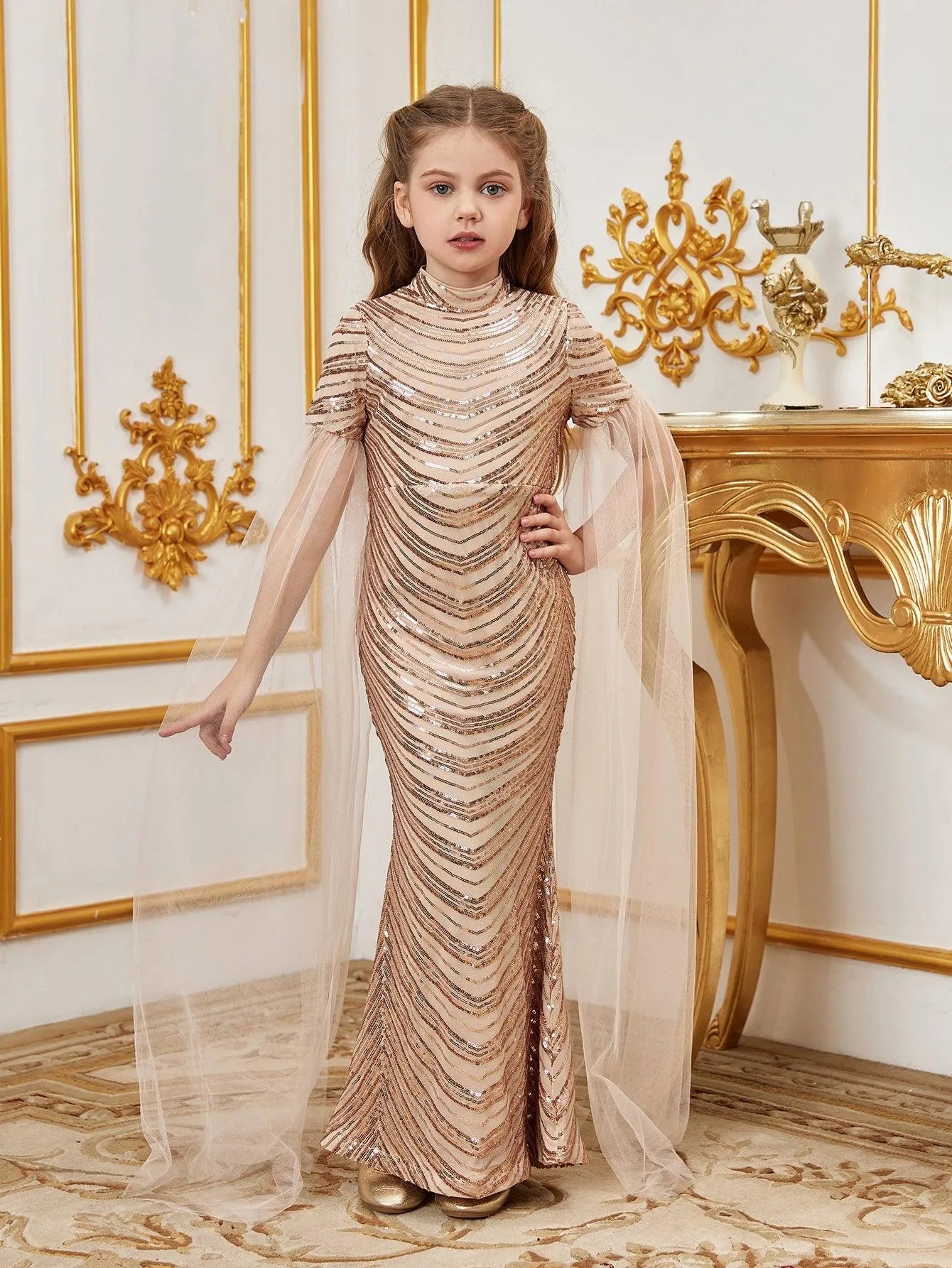 Tween Girls' Cloak Sleeves Sequin Mermaid Dress - Elonnashop