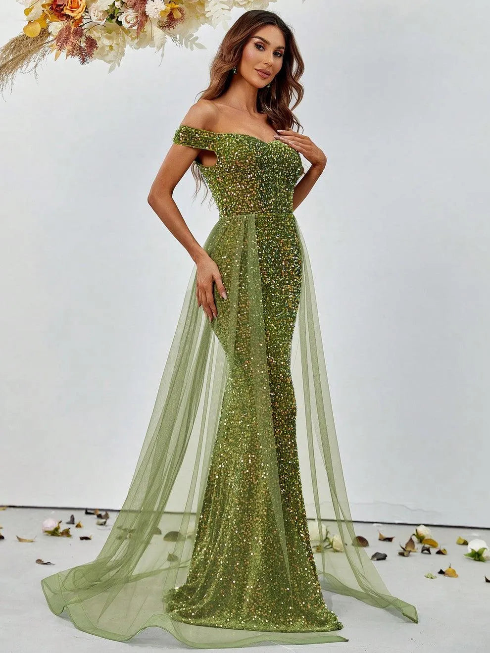 Off Shoulder Sequin Mermaid Dresses Mesh Layer On Waist - Elonnashop