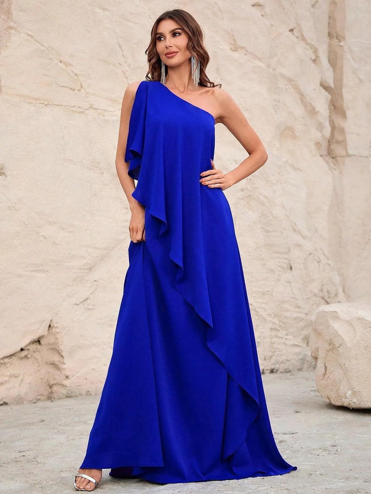 One Shoulder Sleeveless Ruffle Trim Chiffon Dress - Elonnashop